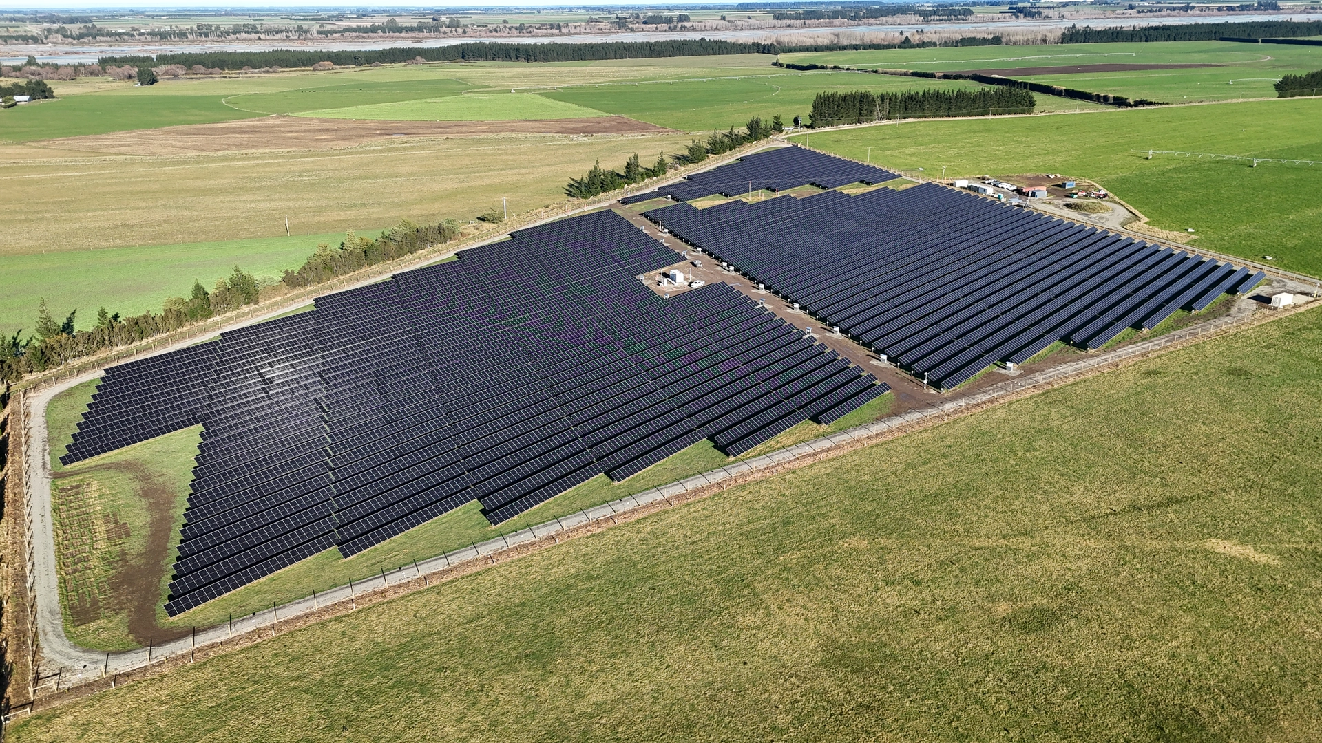 Aerial view of Thongcaster Solar Farm in Eyrewell Forest